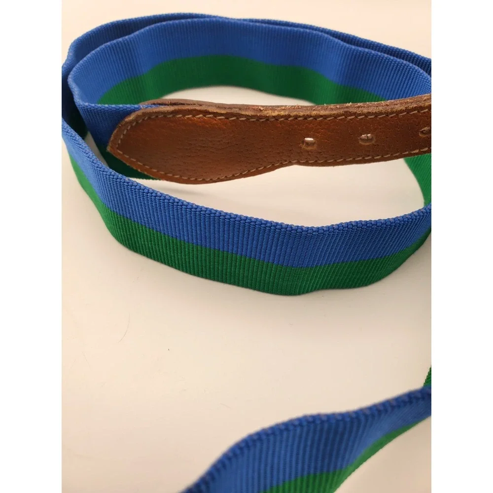 Vintage Trafalgar Brass Buckle Belt Sz XL, Green/Blue Fabric & Leather Detail